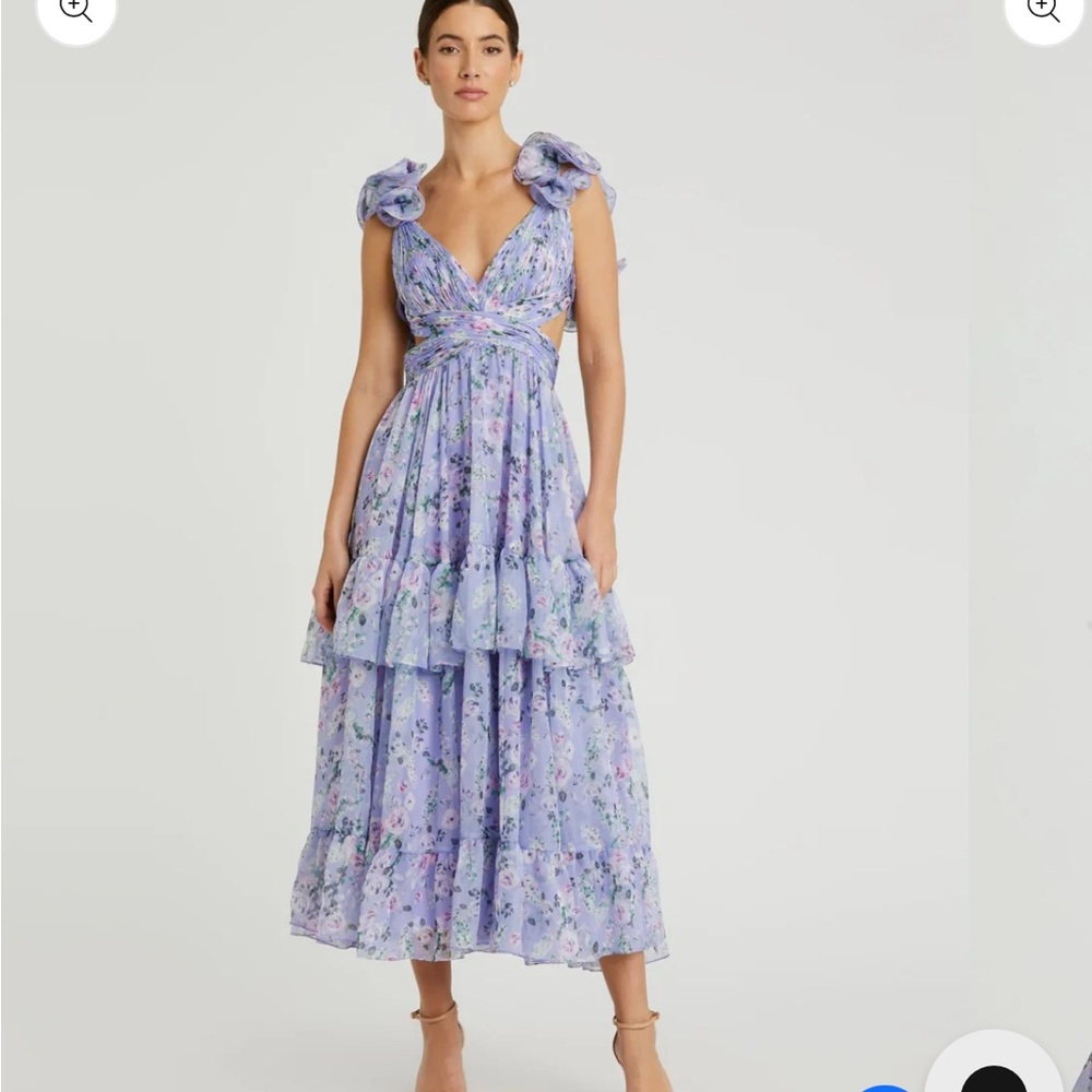 Purple Ruffle Tiered Floral Chiffon Midi Dress